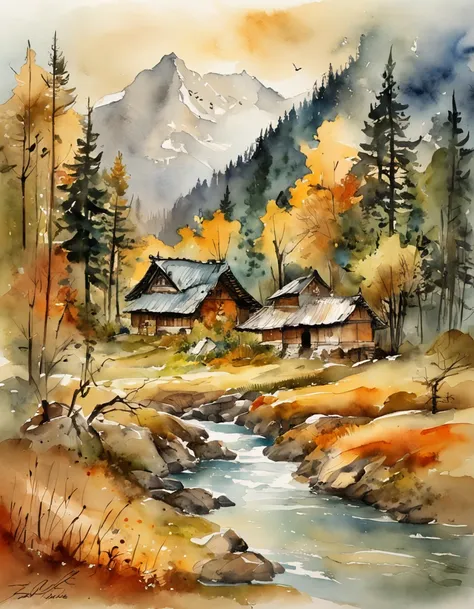 Bizarre steep peaks，autumnal，There is a stream at the foot of the mountain，There are reflections in the stream,country cabin,Cooking smoke rises，Pine trees have a peculiar shape，Sway with the wind,Impresionismo，Color palette style，iso-distance view,Matte l...