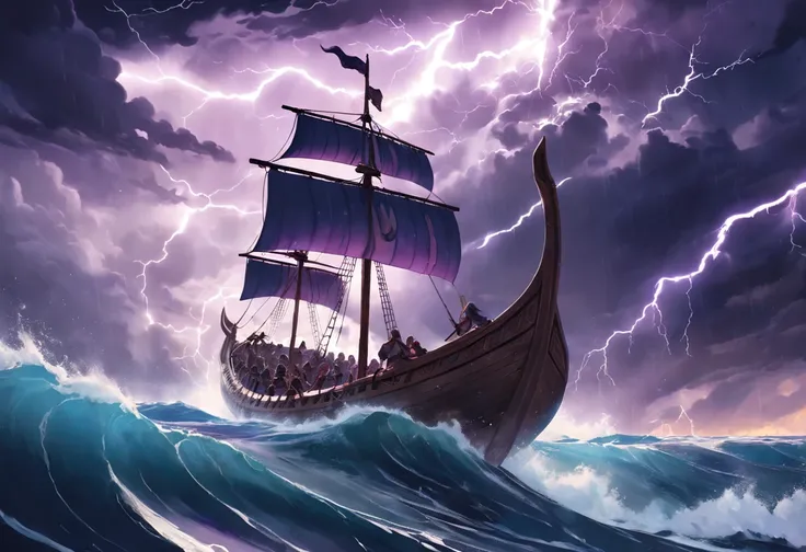 "(This is a cinematic masterpiece with the best quality. It features a breathtaking daytime scene with a clear blue sky and dramatic storm clouds. The sky is illuminated by majestic purple lightning, and emerging from the storm clouds is a flying Norse lon...