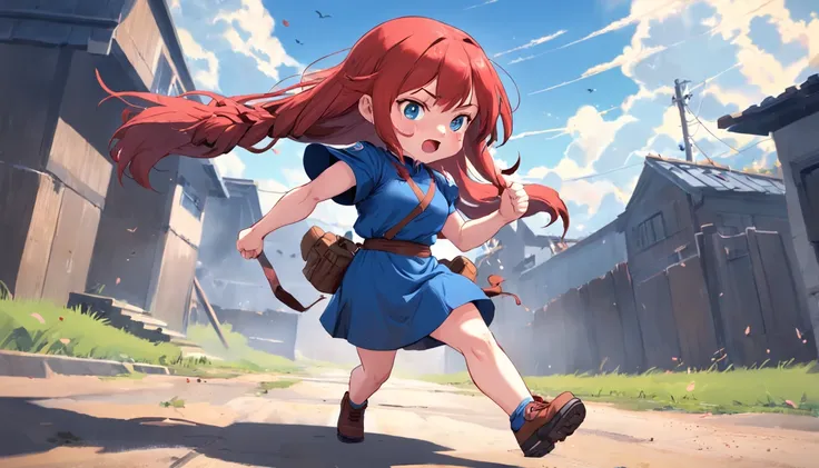 Cartoony，Chubby little girl with long red hair tied in a blue dress，Shoulder weapons，Bomb in hand，Run on the training battlefield，Cute and cute，KIDS ILLUSTRATION，Glow effects，Dingdall effect，depth of fields，high light，Real light，Ray traching，oc rendered，Hy...