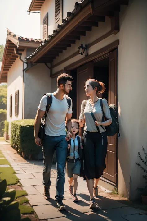 In front of a villa，Carrying a travel bag, the father leads his daughter，Mother in hiking suit holding her son，Realistic rendering of details，35mm