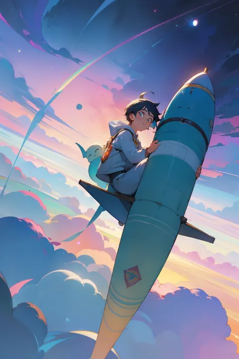 Era uma vez, em uma pequena cidade, there lived a boy named Hai. Hai loves space and his dream is to become an astronaut., no estilo do Studio Ghibli, cores tetradicas pastel, fundo branco, Arte 2D, bonito e peculiar, Arte de Fantasia, Aquarela, hand-drawn...