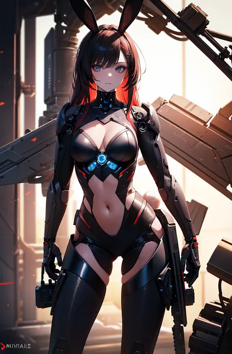 masterpiece face, masterpiece eyes, (red long hair), (feminine machine body), (black machine joints, Mechanical skelton and Artificial muscle), mechanical skin, machine flanks, (Machine internal structure exposure:1.2), (bare chest and navel:1.3), rabbit e...