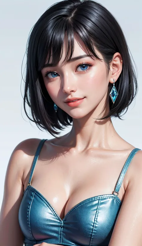 (high-level image quality、high-detail、hightquality、hight resolution、Draw everything in high resolution)、Intense crystal light blue eyes、Small diamond-shaped earrings、Look firmly at the camera、Put your ears out、Beautiful short black hair、Beautiful very shor...