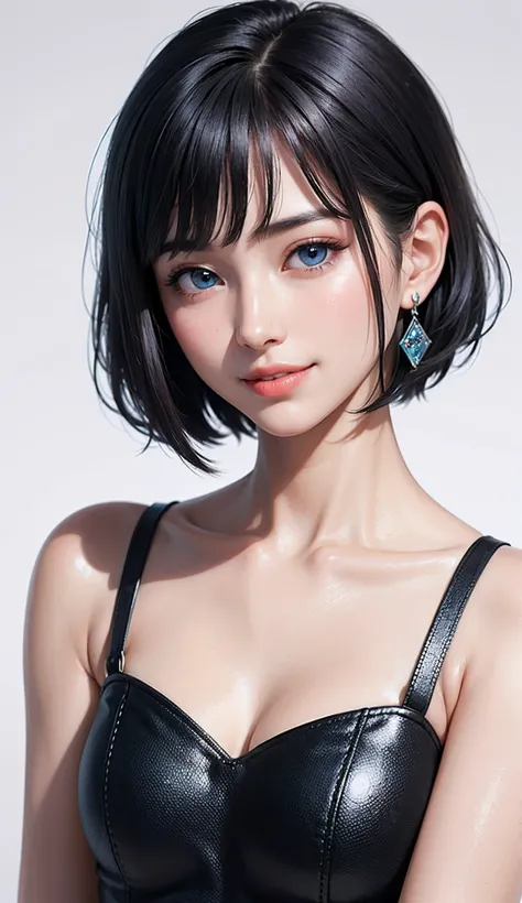 (high-level image quality、high-detail、hightquality、hight resolution、Draw everything in high resolution)、Intense crystal light blue eyes、Small diamond-shaped earrings、Look firmly at the camera、Put your ears out、Beautiful short black hair、Beautiful very shor...