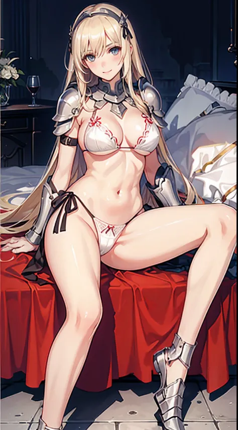 (milf), (((mature female,adult female))),masterpiece, Top  Quality, ultra-definition, max resolution, A highly detailed, clear skin, extremely sexy,large breasts,blush,high legs,white thong,white panties,armor girl, bikini armor female knight, Bikini Armor...