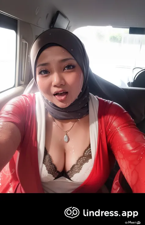 half body portrait photography of a mature 30 years old malay women wearing hijab and naked, side lighting, open mouth, tongue out, watery mouth, very wet face, front view, eye contact, very wet body, watery body, very wet hijab,