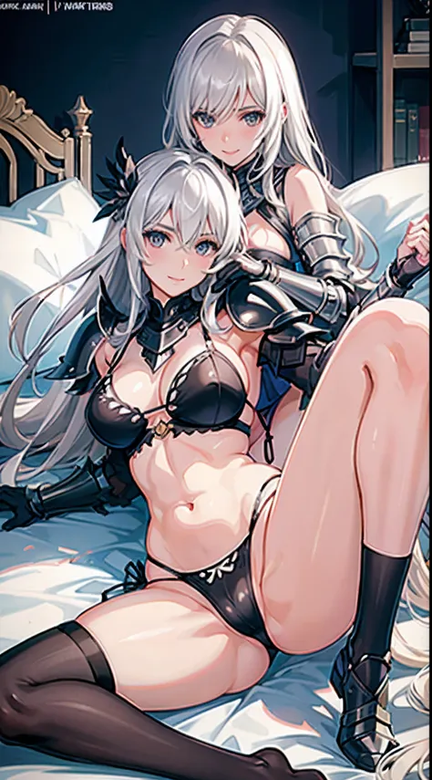 (milf), (((mature female,adult female))),masterpiece, Top  Quality, ultra-definition, max resolution, A highly detailed, black skin, extremely sexy,large breasts,blush,high legs,white thong,armor girl, bikini armor female knight, Bikini Armor, bikini-armor...