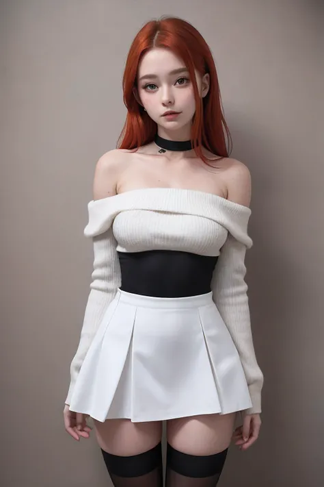 a beautiful 17yo Skotlandia woman, off shoulder, high waist mini skirt, redhead, thighhighs