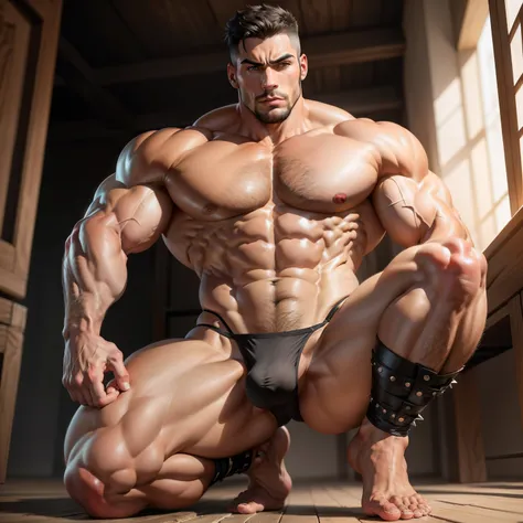 A muscular man，Kneel and beg，Bare upper body，black thong，Huge crotch bulge，The groin is unobstructed from the foot to the foot，Stud collar，Indecent expressions