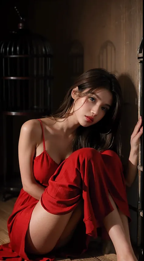 Adira is a mesmerizing woman, with long shiny brown hair, a small nose like a button, blue eyes, in a long red dress with a slit that shows a bare and unshod leg, reading in a cage, surrounded by darkness.