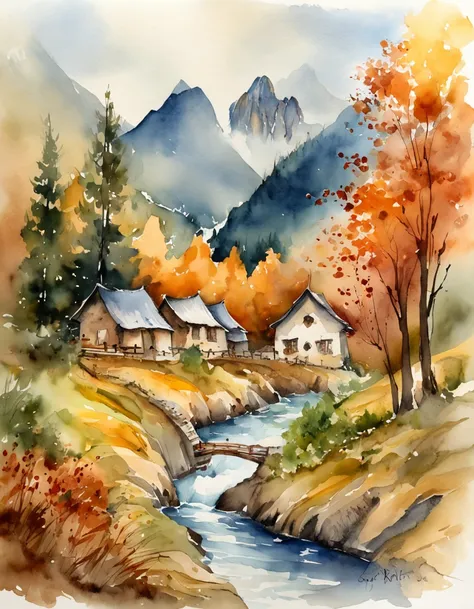 Bizarre steep peaks，autumnal，There is a creek at the bottom of the mountain，There are reflections in the stream,Village cottage,And cooking smoke rises，The pine tree has a peculiar shape，Sway with the wind,Impresionismo，Color palette style，iso-distance vie...