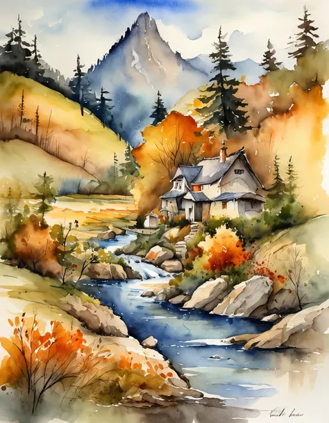 Bizarre steep peaks，autumnal，There is a creek at the bottom of the mountain，There are reflections in the stream,Village cottage,And cooking smoke rises，The pine tree has a peculiar shape，Sway with the wind,Impresionismo，Color palette style，iso-distance vie...