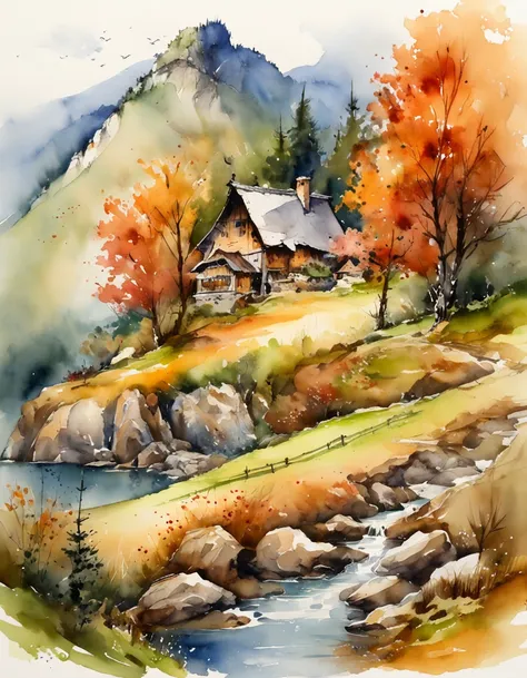 Bizarre steep peaks，autumnal，There is a creek at the bottom of the mountain，There are reflections in the stream,Village cottage,And cooking smoke rises，The pine tree has a peculiar shape，Sway with the wind,Impresionismo，Color palette style，iso-distance vie...