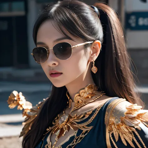 Wear thick gold-framed sunglasses，32K（tmasterpiece，k hd，hyper HD，32K）Burgundy double ponytail，Silver Skull Abandoned Area of the Pond，Indigo Skull King ，Hold the big G steering wheel （The skeleton is realistic：1.4），Skull pattern robe，Silver skull flower or...