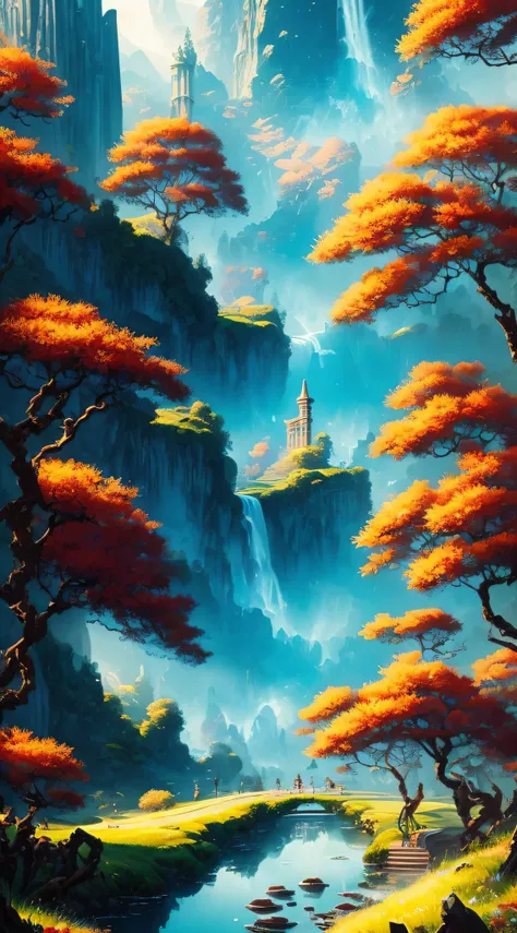 ultra-sharpness, ultra detailed, Immerse viewers in a captivating fantasy realm within the pages of an enchanted book through a meticulously detailed digital painting. Depict an otherworldly landscape teeming with mythical creatures, ancient ruins, and mag...