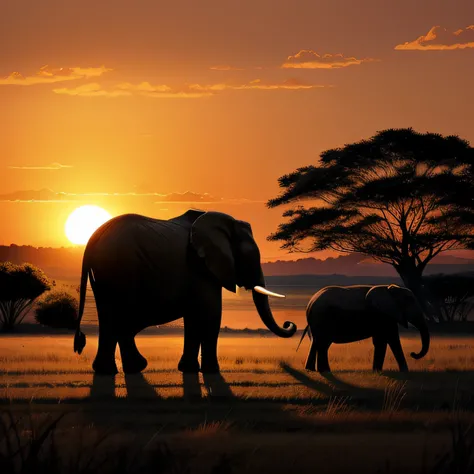 large grassland、Sundown、Orange sky、Contre-Jour、Elephant parent and child、herbivore、Since it is backlit, draw animals and trees in black.