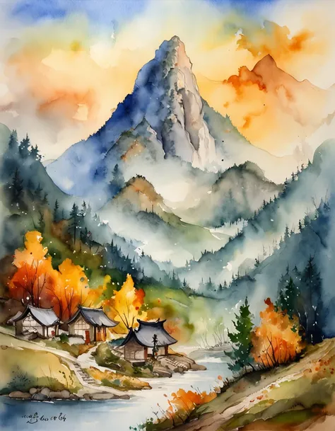 Bizarre steep peaks，autumnal，There is a creek at the bottom of the mountain，There are reflections in the stream,Village cottage,And cooking smoke rises，The pine tree has a peculiar shape，Sway with the wind,Color palette style，iso-distance view,Colored lead...