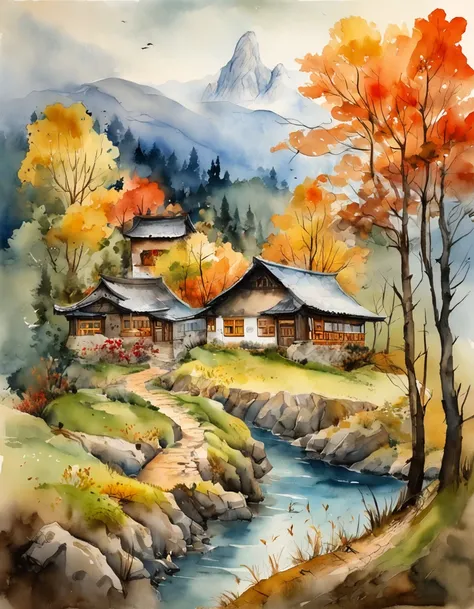 Bizarre steep peaks，autumnal，There is a creek at the bottom of the mountain，There are reflections in the stream,Village cottage,And cooking smoke rises，The pine tree has a peculiar shape，Sway with the wind,Color palette style，iso-distance view,Colored lead...