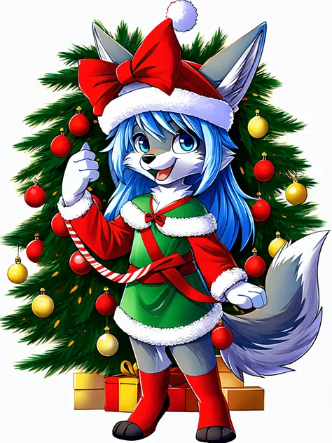 Animal heads，coyote，Personal，Positive，Christmas，Light blue hair，detailed full body，leges，No background，Remove the background