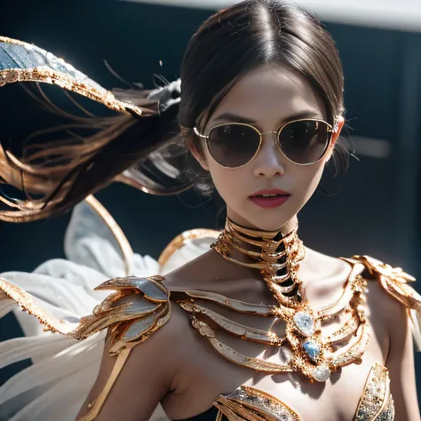 Wear thick gold-framed sunglasses，32K（tmasterpiece，k hd，hyper HD，32K）Burgundy double ponytail，Silver Skull Abandoned Area of the Pond，Indigo Skull King ，Hold the big G steering wheel （The skeleton is realistic：1.4），Skull pattern robe，Silver skull flower or...