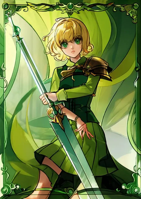 blond hair, green clothes, big sword