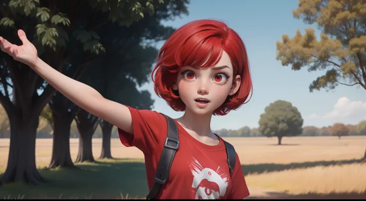 girl with short red hair, fringe, red eyes, with red clothes, red shirt, with a surprised expression, arm raised with an open hand, in a field with trees, style of a Disney Pixar cartoon