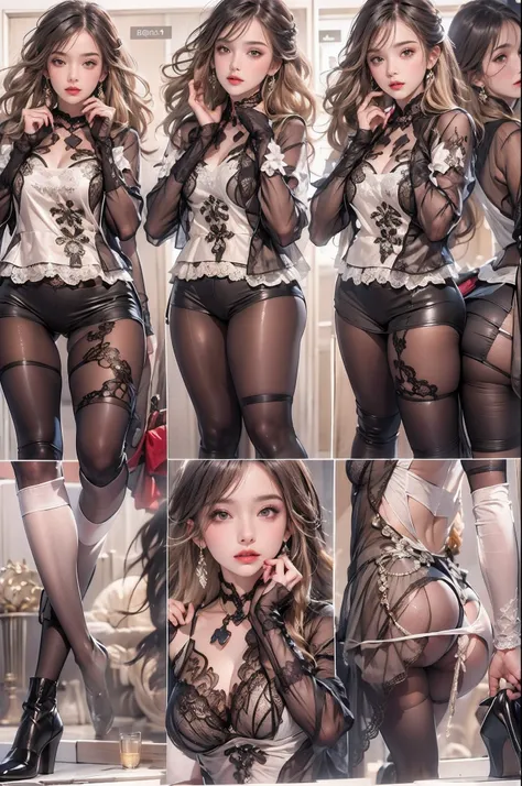 ((Masterpiece, Highest quality)), Detailed face, CharacterDesignSheet，full bodyesbian, Full of details, Multiple poses and expressions, Highly detailed, Depth, Many parts，beuaty girl，cinmatic lighting，with light glowing，black in color，Lace，lacepantyhose，hi...