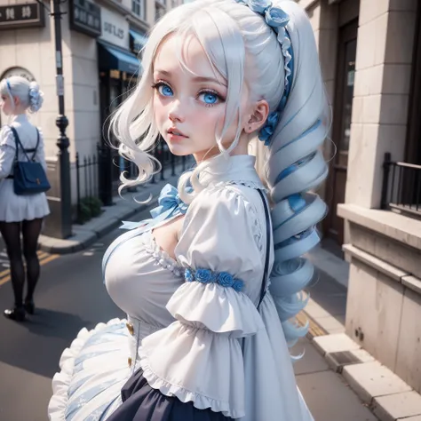 White color hair，Double ponytail curls，blue color eyes，White Lolita，Beth，A bustling city street，bust