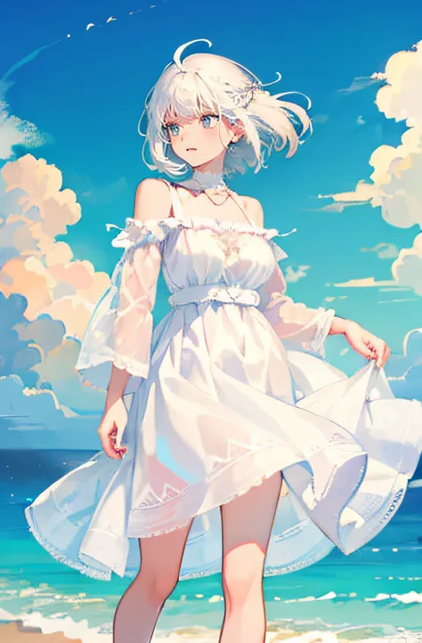 1 girl, white hair, cute, ((white dress, patterned)), standing on beach, disheveled hair, clothes blown by the wind