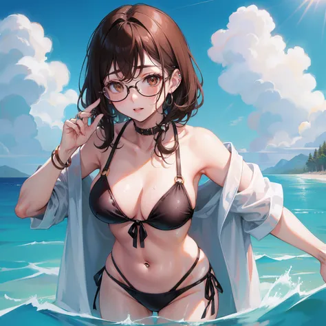 1人の女性、brown haired(Curta)、Brown eyes、Black-rimmed glasses、Ring piercing of the earlobe、Seductive、swim wears(The bikini)