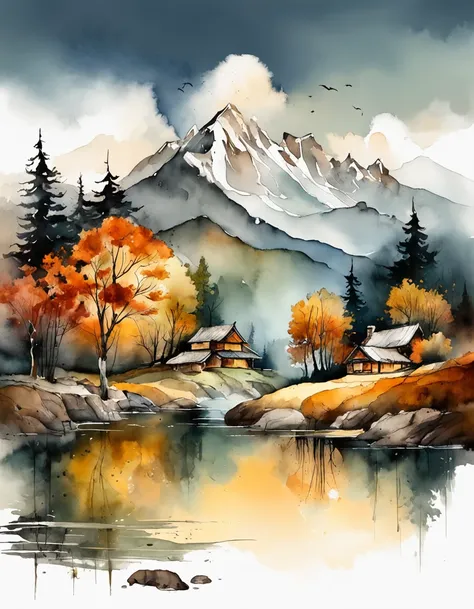 Bizarre steep peaks，autumnal，There is a creek at the bottom of the mountain，There are reflections in the stream,Village cottage,And cooking smoke rises，The pine tree has a peculiar shape，Sway with the wind,Color palette style，iso-distance view,Surreal Phot...