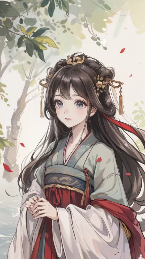 "the Extremely Detailed CG Unity 8K Wallpapers，tmasterpiece，Best picture quality，【😊Colored Forest，depth of fields，A large number of splashed droplets:1.2，petals，Toys surround，ventania，Foliage，grassy fields，volumettic light】brunette color hair，chineseidol，B...