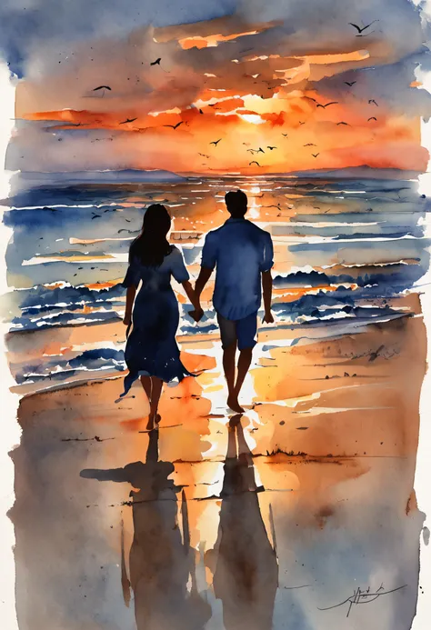 ((Couple watching sunset on quiet sands on shallow seaside beach、Snuggling、Couple holding hands and watching the sunset、Sunset seen from between the shadows of two people、Big sun setting on the horizon、The sunset turns the entire sky bright red、The area is...