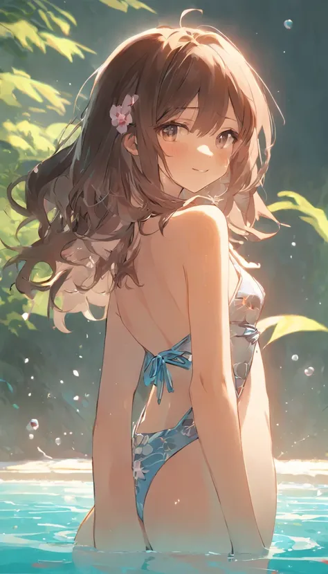 ultra-detailliert、(1人の女性)、(Women with a lush bust)、(Soft bust)、(Sideways body)、Simple bikini swimsuit、Beautiful summer flowers、Smile、Brown hair、(de pele branca)、(swimming pools)、Blurry background in soft light