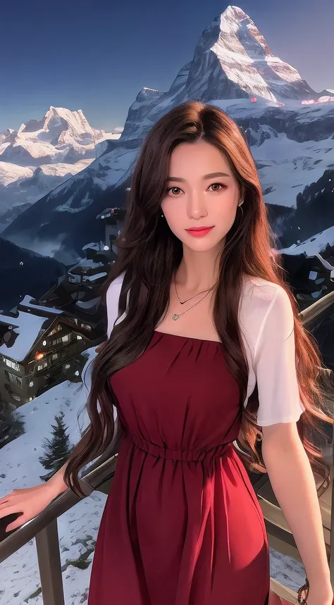 masterpiece,ultra realistic,32k,extremely detailed CG unity 8k wallpaper, best quality,
The Swiss Alps, Switzerland, ( Dark red A-line dress ) ,((spring day )), Beachy waves with a side part ,eardrop,lady ,necklace,