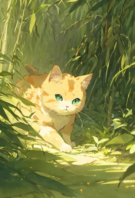 Um gato peludo bonito brincando com abelhas em uma clareira de bambu ensolarada, Warm light filters through the leaves. textura detalhada do cabelo, Clima natural calmo, soft-lighting. Estilo aquarela tradicional. --AR 4:5 --s 400 --niji 5