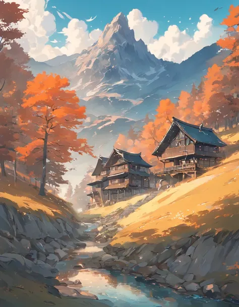 Bizarre steep peaks，autumnal，There is a creek at the bottom of the mountain，There are reflections in the stream,Village cottage,And cooking smoke rises，The pine tree has a peculiar shape，Sway with the wind,Color palette style，iso-distance view,Surreal Phot...