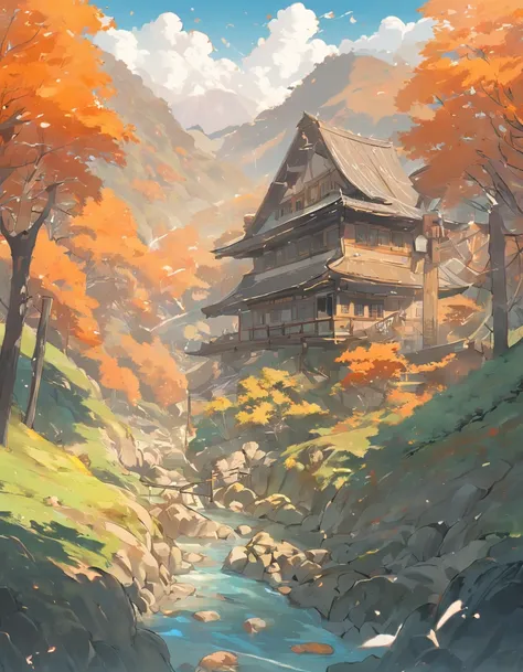 Bizarre steep peaks，autumnal，There is a creek at the bottom of the mountain，There are reflections in the stream,Village cottage,And cooking smoke rises，The pine tree has a peculiar shape，Sway with the wind,Color palette style，iso-distance view,Surreal Phot...