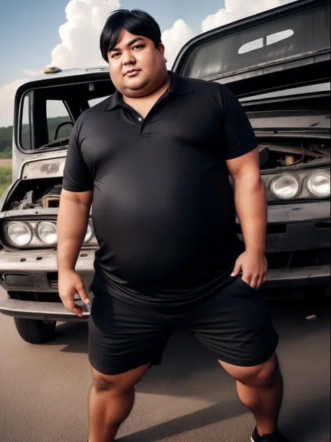 Fat but not too fat Man 36 years old, distended , lazy, super ultra detail, good looking, short body 160 cm, play with smartphone, short pants, black wearing, little fat, with beatifull girlfriend, war, judgement day, junk car, fire, cloud, full body, shot...