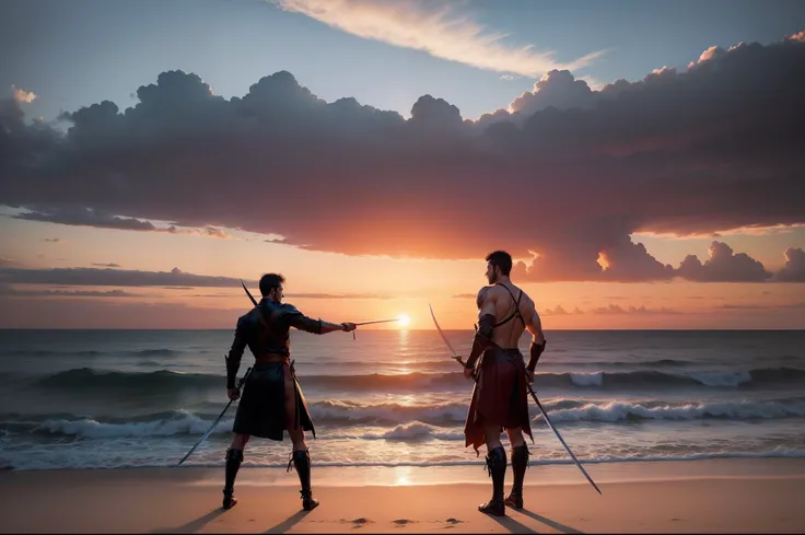 (masterpiece, best quality), best resolution, silhouettes of two men fighting with swords, beach at sunset