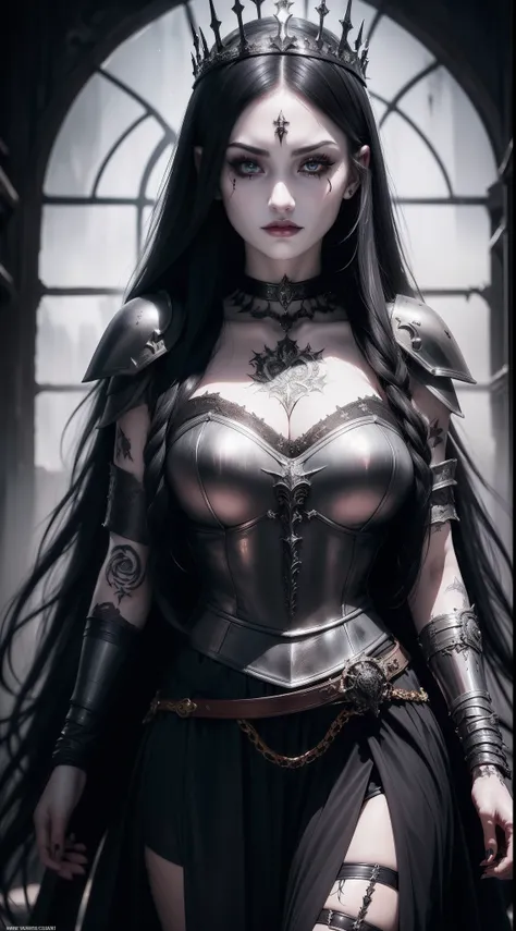 1girl (( (dark tattoos), ( beautiful_detailed_hair, long black hair), teen, (pale skin) )), horror theme, (slave collar), (foggy, darkness), realistic, (helmet), ((hand with five fingers:0.6)), (heavy armor), (battle, war), (blood and gore), (chess set, qu...