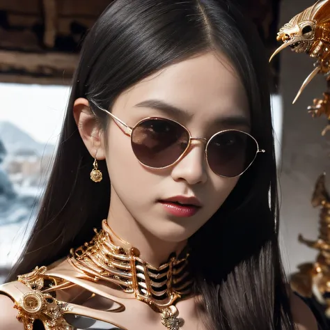 Wear thick gold-framed sunglasses，32K（tmasterpiece，k hd，hyper HD，32K）Burgundy double ponytail，Silver Skull Abandoned Area of the Pond，Indigo Skull King ，Hold the big G steering wheel （The skeleton is realistic：1.4），Skull pattern robe，Silver skull flower or...