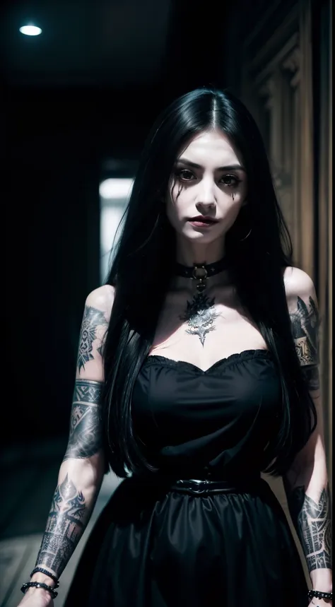 1girl (( (dark tattoos), ( beautiful_detailed_hair, long black hair), teen, (pale skin) )), horror theme, (slave collar), (foggy...