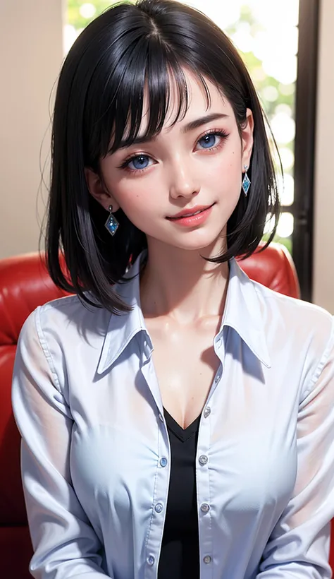 (high-level image quality、high-detail、hightquality、hight resolution、Draw everything in high resolution)、Intense crystal light blue eyes、Small diamond-shaped earrings、Look firmly at the camera、Put your ears out、Beautiful short black hair、Beautiful very shor...