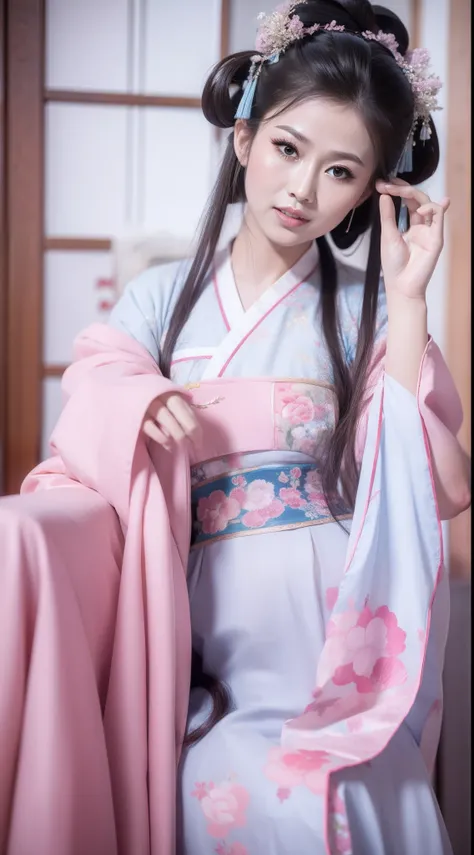 Ancient Chinese clothing，white apparel，The costume is a pink floral pattern，ancient china art style，Fashion model 18 years old [[[[closeup cleavage]]]], [[[[boobgasm]]]], [[[[coll]]]], [[[[bshoulders]]]], perfect  eyes, Perfect iris，Perfect lips，perfect te...