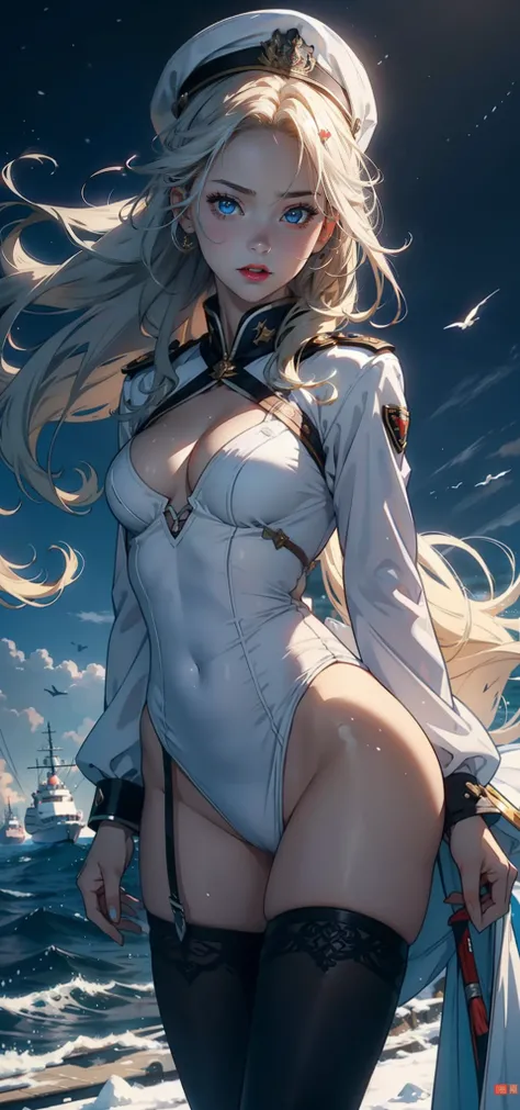 1womanl，3 years old，bit girl，Small loli，Raised sexy，Pornographic exposure， 独奏，Beauty contests，standing on your feet（Background with：the sea，snow mountains，warships，at winter season，Blizzarding，Big snowflakes）Snow-white skin，On warships， She has long blonde...