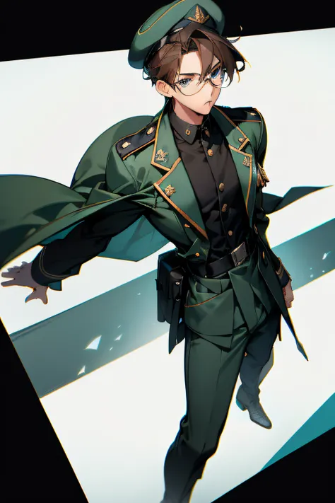 A handsome man，with short brown hair，blue color eyes，Glasses frames，He wears a green military cap on his head，Black military jacket，Gray long sleeves，Composition above the knee，Blue-black special effects