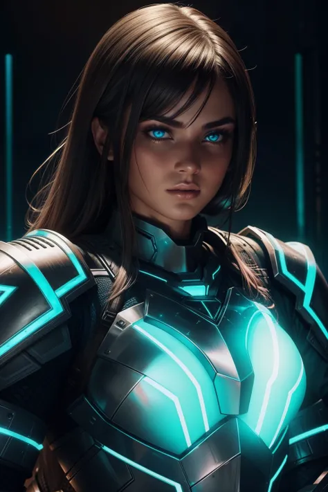 Woman in realistic battle armor in neon-lit, Beauty realistic & intricate face