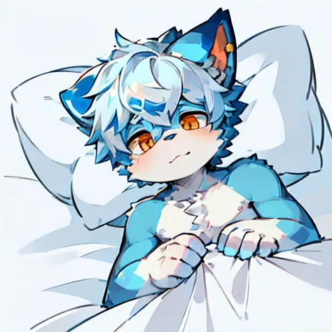 ((Solo)), charming scene of a (Furry furry) (o cachorrinho_Boy:1.5),，Just woke up in bed！！Just woke up in bed！！Just woke up in bed！！Q version！！Q version characters！！eyes with brightness，Blue-white hair，Orange eyes，Cute drawing style，high saturated！！Furry m...