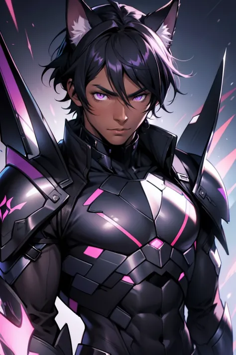 Dark Skin Boy With Purple Eyes, Black Hair, 4k Image, Close Up, Abs, Bunny Suit Armor Outfit, Wearing cat Ears, Ethereal, anime style